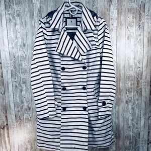 Tommy Hilfiger Navy White Striped Trench Rain Coat Hooded White Black Women's M